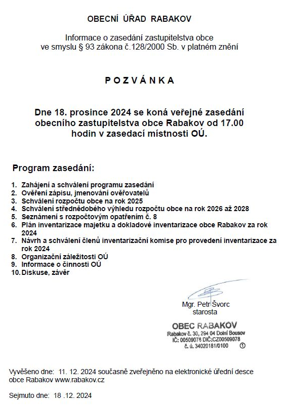 Pozvánka na zasedání obecního zastupitelstva